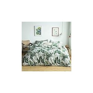 YuHeGuoJi Parure de lit 3 pièces 100% Coton avec Housse de Couette et 2 taies d'oreiller Motif Feuilles de Monstera Tropical, Vert Tropical, 1 Housse de Couette avec Fermeture éclair et 2 taies