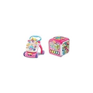 VTech - Super Trotteur Parlant Rose, Trotteur Bébé Pliable, Tableau d'Éveil Détachable & Super Cube des découvertes Rose, 183455 9-36 mois-10pcs- Version FR