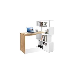 Mondeer Bureau Informatique, Bureau d‘Ordinateur avec Étagère Rangement à Quatre Niveaux, Table de Travail PC Table pour Bureau et Salle d‘Etude, 157 x 45 x 130,5 cm, Blanc et Grain de Bois Naturel