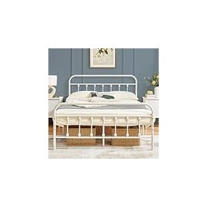 Yaheetech Cadre de Lit en M&eacute;tal 140&times;200 cm Vintage Lit avec Sommier Haute T&ecirc;te de Lit Armature M&eacute;tallique &agrave; 6 Pieds de Support Blanc