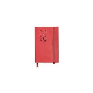 Miquelrius Agenda 2026 un jour par page, petit format (90 x 140 mm), planification quotidienne, couverture souple imitation cuir cousu, papier 80 g/m&sup2;, espagnol EN-PT, rouge