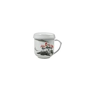 lachineuse - Tasse à Thé Asiatique Paysage Zen - Tasse en Porcelaine avec Infuseur & Couvercle - Coloris Blanc, Gris & Rouge - Idée Cadeau Vaisselle Chinoise Traditionnelle - Petite Tasse Asie Chine