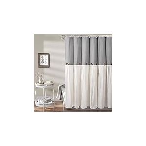 Lush Decor Rideau de Douche &agrave; Boutons en Lin, 182,9 x 213,4 cm (l x L), Gris et Blanc cass&eacute; &ndash; Rideau de Douche Rustique Extra Long &ndash; Rideau de Bain &agrave; Blocs de Couleurs avec Boutons en Noix de Coco &ndash;