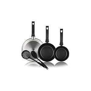 MAGEFESA Dinox 5 - Set de poêles 20 + 24 + 28 cm + écumoire et cuillère, acier inoxydable, antiadhésif, bicouche, tous types de cuisinières, induction