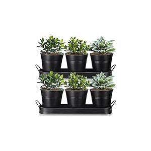 Hicarer Lot de 2 Pots de Fleurs à Herbes aromatiques avec Plateau en métal avec Drainage, pour Plantes d'intérieur, Plantes succulentes, extérieur, Cuisine, Appartement, Balcon, fenêtre (Noir)