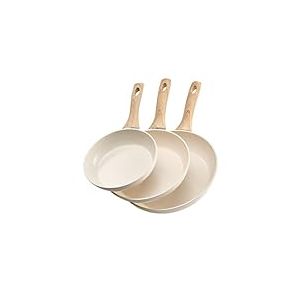 VEVOR Poêle en Aluminium Lot de 3PCs 20/24/28 cm, Sauteuse en Céramique Antiadhésive avec Poignée Résistante à la Chaleur, Ustensiles de Cuisine Restaurant, pour Gaz, Électrique, Induction, Beige