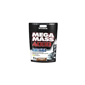 Weider Mega Mass 4000. Goût Chocolat. Mélange protéiné pour prise de masse. Avec 3 protéines (lait, lactosérum, blanc d’œuf) et de la créatine. Pauvre en sucres. 4kg