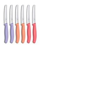 Victorinox Swiss Classic, couteau à petit-déjeuner, ensemble de couteaux à pain, 6 pièces, lame tranchante, bord dentelé, 11 cm, acier inoxydable, Violet, Orange et Rose