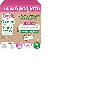 Love & Green Pure Nature Pack de 228 Couches écologiques non blanchies T4 x 38 (7-14 kg)