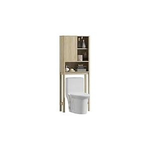 HOMCOM Meuble WC Dessus de Toilette avec Placard &agrave; Porte cannel&eacute;e, Meuble Toilettes WC Rangement, Armoire Salle de Bain avec Compartiments Ouverts et &eacute;tag&egrave;re r&eacute;glable, 65 x 25 x 170 cm, Bois Naturel