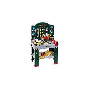 Bosch Etabli "Work-Station" I Etabli avec outils, véhicule à assembler et de nombreux accessoires I Plan de travail à fonction pédagogique I Dimensions : 61 cm x 44,5 cm x 101 cm I Jouet pour enfants à partir de 3 ans