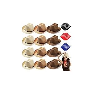 SATINIOR Lot de 12 chapeaux et bandanas de cowboy en paille &ndash; Chapeau de f&ecirc;te de cowboy avec bandana, Beige, kaki, marron, 55 cm / 22 inches
