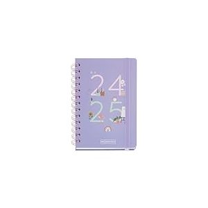 Miquelrius Mi Lugar Agenda scolaire 24-25 septembre 2024 à août 2025, dimensions 125,5 x 178 mm, un jour par page, double spirale métallique, couverture en carton doublé, fermeture avec élastique,