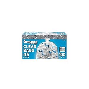 Ultrasac Heavy Duty 45 Gallon Garbage Bags (Huge 100 Pack w/Ties) - 40" x 46" - Industrial Quality Clear Trash Bags for Paper, Plastic, Cans, Bottles, Newspaper, Grass, Lawn (Packaging may vary)