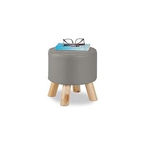 Relaxdays Tabouret Similicuir 4 Pieds Bois Pouf d&eacute;co d&eacute;coration rembourr&eacute; Rond Assise HxD 30 x 30 cm, Gris