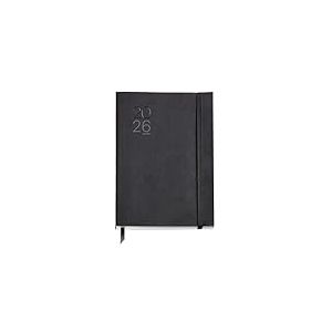 Miquelrius Agenda journalier 2026, un jour par page, similaire A5+ (155 x 213 mm), planification quotidienne, couverture souple simili cuir cousu, papier 80 g/m&sup2;, Catalan-EN-PT, noir