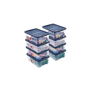 SUNDIS Wave Box, lot de 8 boîtes de rangement avec couvercle clipsable 10l, en plastique transparent, superposables et empilables, idéales pour la chambre, le dressing, les chaussures, le bureau