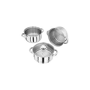 Judge Essentials Cuiseur vapeur &agrave; 3 &eacute;tages en acier inoxydable 18 cm avec couvercle en verre ventil&eacute; et cocotte int&eacute;grale Passe au four Compatible induction