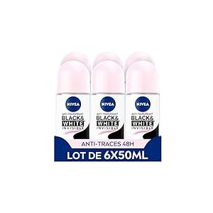 NIVEA Déodorant Bille Black & White Invisible (6 x 50ml), déodorant femme anti-traces blanches et jaunes, anti-transpirant anti odeur & humidité, protection efficace 72 h, sans alcool