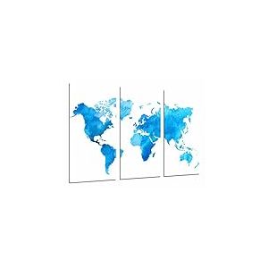 Tableau Moderne Photographique, Impression sur Bois, Carte du Monde Bleu et Blanc, Villes et Pays du Monde, 97 x 62 cm, ref. 26977