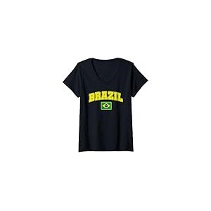 Femme Drapeau Cadeau Br&eacute;sil Ventilateur Br&eacute;sil Vintage Samba T-Shirt avec Col en V