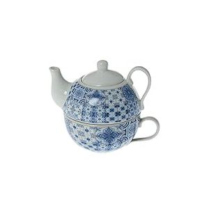 DONREGALOWEB - Set de 6 Tasses avec th&eacute;i&egrave;re en c&eacute;ramique d&eacute;cor&eacute;es avec Divers Dessins en Blanc et Bleu