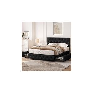 Yaheetech Cadre de Lit avec T&ecirc;te de Lit Capitonn&eacute;e R&eacute;glable en Hauteur 140x200cm Lits Coffres avec Tiroirs Sommier &agrave; Lattes Lits Doubles Pieds en M&eacute;tal