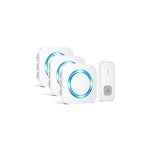 SURFOU Sonnette sans Fil Exterieur &Eacute;tanche, Longue Port&eacute;e 400M de Carillon Electronique Kit, 55 M&eacute;lodies au 5 Niveaux Volumes pour Maison, Indicateur LED Bleu (Blanc, 3 r&eacute;cepteur + 1 &eacute;metteur)