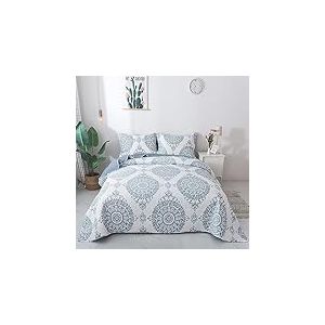 Travan Parure de lit matelass&eacute;e 3 pi&egrave;ces avec Couvre-lit matelass&eacute; l&eacute;ger &agrave; imprim&eacute; Floral avec taies d'oreiller pour Toutes Les Saisons, Motif Floral Bleu, Grand lit