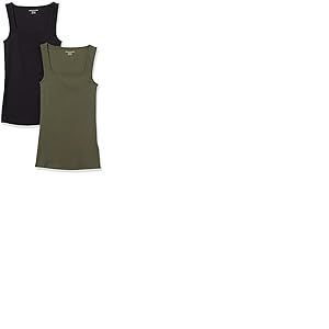 Amazon Essentials Débardeur à Encolure Carrée, Coupe Ajustée Femme, Lot de 2, Noir/Olive Foncé, XL