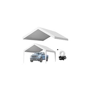 VEVOR Toile Rechange Carport, 6,09x3,65 m, B&acirc;che Toit Abri Voiture, Couverture Sup&eacute;rieure Tente Garage Portable, R&eacute;sistante UV Imperm&eacute;able, avec Cordons &Eacute;lastiques &agrave; Billes, Blanc, Cadre Non Inclus