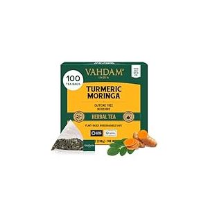 VAHDAM Infusion Curcuma Moringa | 100 Sachets Pyramide | Sans Caf&eacute;ine | M&eacute;lange aux &Eacute;pices Indiennes avec Curcuma & Moringa | Ingr&eacute;dients Naturels | Conditionn&eacute; en Inde