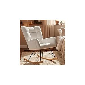 Clevich Fauteuil à Bascule Allaitement Scandinave, Rocking Chair Confortable avec Velours Teddy, Pieds en Bois et Métal, pour Salon, Chambre d'enfants, Chambre, Jusqu'à 136kg, Blanc