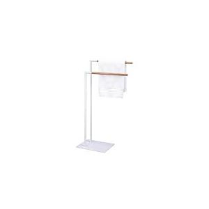 Amig – Porte-Serviettes sur Pied Blanc avec Barres en Bois – Support Double pour Serviettes de Bain – Style Minimaliste avec Base métallique Stable – sans perçage
