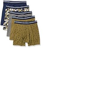 Amazon Essentials sous-Vêtement, Boxer, en Coton Confortable, sans Étiquette Homme, Lot de 5, Bleu Foncé/Camouflage/Guerrier/Noir Blanc Rayures/Vert Uniforme, XXL