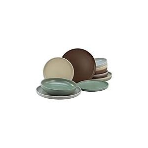CreaTable, 23189 Série uno NATURAL Lot de 12 assiettes en grès Passe au lave-vaisselle et au micro-ondes Fabriqué au Portugal