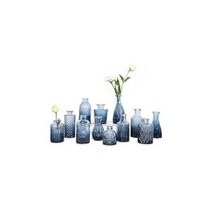 TBWIND Lot de 12 vases &agrave; bourgeons en Verre - Petits vases pour Fleurs - Vase Bleu pour centres de Table en Vrac, Mini Vase Vintage pour d&eacute;corations de Mariage rustiques, d&eacute;coration Florale de Bureau