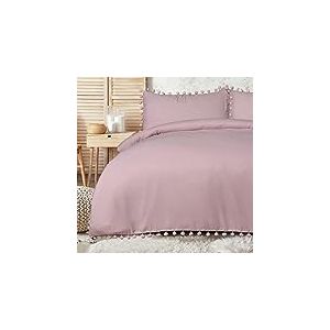 Sleepdown Parure de lit de luxe avec housse de couette et taies d'oreiller à pompons - Rose pâle - Super king size (220 x 260 cm), Rose Poudré, Super King