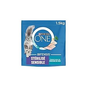 PURINA ONE | BIFENSIS | Spécial Chat Adulte Stérilisé à la digestion Sensible et l'appétit délicat | Aide à maintenir un système immunitaire fort | Croquettes | A Poisson de mer | Sac | Lot 6 x 1,5Kg