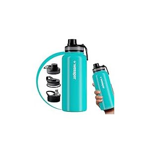 Wessper Bouteille d'eau en Acier Inoxydable sans BPA, Bouteille Isotherme pour l'eau 1 Litre, le Café et le Thé avec 3 Couvercles, Thermos pour le Sport, la Gym, le Vélo, le Plein Air – Marin
