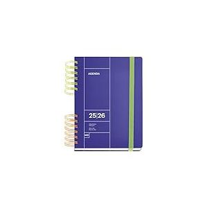 Miquelrius - Agenda scolaire 25-26, Septembre 2025 à août 2026, 164 x 218 mm, Page jour, Double spirale bicolore, Couverture rigide, Fermeture en caoutchouc, Espagnol-Anglais-Portugais