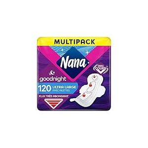 Nana Ultra Goodnight Large - Serviettes Hygiéniques Nuit avec Ailettes - Protections Hygiéniques pour Femme avec Flux Abondant 120 unités