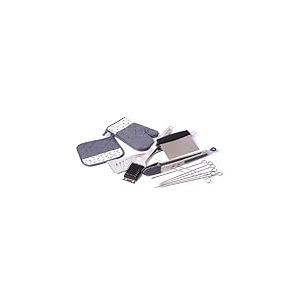 BIRAMBEAU, KIT Barbecue : 8 brochettes INOX 25cm + Brosse et grattoir + Pelle XL INOX + Gant Coton+ manique Coton + Pince BBQ Silicone + Coupe légumes plancha