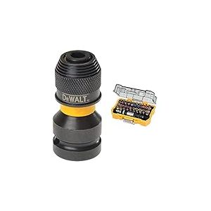 DEWALT DT7508QZ Adaptateur impact 1/2" x 1/4" & Coffret de 32 Embouts de Vissage de 25mm Robustes et Précis - Assortiment de 32 Embouts de Vissage avec Porte-Embout à Changement Rapide