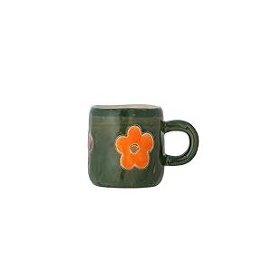 Bloomingville MINI Addy Tasse pour enfant 130 ml &ndash; Tasse en gr&egrave;s vert fonc&eacute; avec motif floral, peinte &agrave; la main, pour petites mains d&rsquo;enfants, passe au micro-ondes et au lave-vaisselle, 82060484