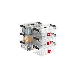 Cetomo 15L*6 Boîte de Rangement, Bac de rangement avec Poignée, Plastique Organisateur avec Couvercle, Empilable, Transportable, pour Vêtements, Bureau, Chambre, Dortoirs, Transparent, 15L - Lot de 6