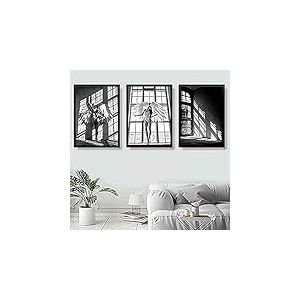 Artze Wall Art Fashion Woman Angel Wings Window Shadow Monochrome Photo Gallery Art Mural Poster 3 pièces 30cm de largeur x 40cm de hauteur Noir/blanc