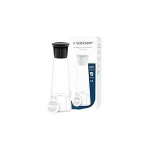 Wessper Carafe Filtrante en Verre, 1 LItre, Carafe à eau avec Cartouche Filtrante Actitex Disc, Carafe eau en Verre avec Couvercle pour l'eau et les Boissons Froides, Sans BPA – Noir