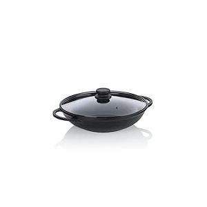 kela Po&ecirc;le &agrave; wok 32 cm avec couvercle en verre ATURA, wok &agrave; induction 4 litres, fonte d'aluminium &agrave; rev&ecirc;tement c&eacute;ramique, sans PFAS, noir