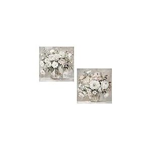 Lot de 2 tableaux sur toile naturelle avec vases et fleurs en blanc, vert et beige 60 x 60 x 3 cm